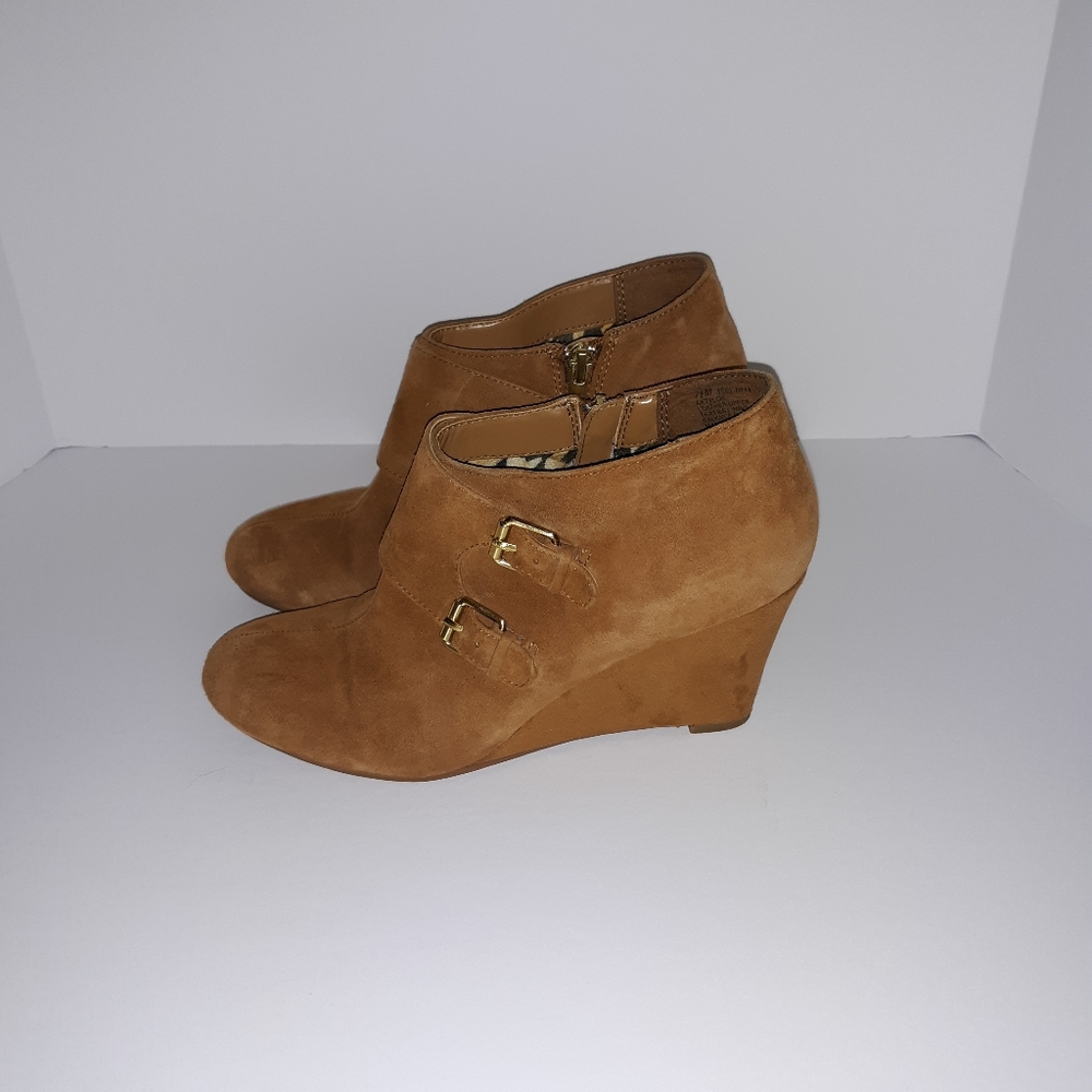 Anne Klein tan suede wedge booties